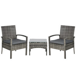 Outsunny 3 Pieces Outdoor Rattan Bistro Set, Patio Wicker Balcony Furniture, Conservatory Sets w/ Coffee Table and Cushioned Chair, Mixed Grey