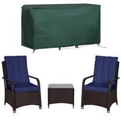 Outsunny 3 Pieces Outdoor Rattan Bistro Set, Patio Wicker Balcony Furniture with Steel Frame, Conservatory Set w/ 2 Cushioned Chair, Coffee Table & Cover, Dark Blue