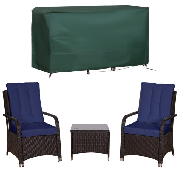 Outsunny 3 Pieces Outdoor Rattan Bistro Set, Patio Wicker Balcony Furniture with Steel Frame, Conservatory Set w/ 2 Cushioned Chair, Coffee Table & Cover, Dark Blue