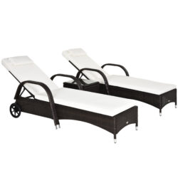 Outsunny 3 Pieces Patio Lounge Chair Set, Garden Wicker Wheeling Recliner Outdoor Daybed, PE Rattan Lounge Chairs w/ Cushions Aosom UK