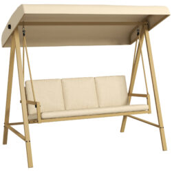 Outsunny 3 Seater Garden Swing Chair, Outdoor Hammock Bench with Adjustable Canopy, Removable Cushions and Steel Frame, Beige