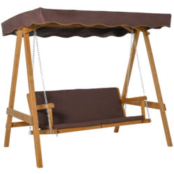 Outsunny 3 Seater Outdoor Garden Swing Chair with Adjustable Canopy, Wooden Hammock Bench with Padded Cushions for Patio Yard, Brown