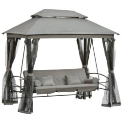 Outsunny 3 Seater Swing Chair Hammock Gazebo Patio Bench Outdoor with Double Tier Canopy, Cushioned Seat, Mesh Sidewalls, Grey Aosom UK