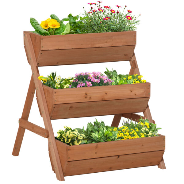 Outsunny 3 Tier Raised Flower Bed, Wooden Elevated Planter for Flower, Vegetable, Herb, 65x75x78cm, Brown Aosom UK