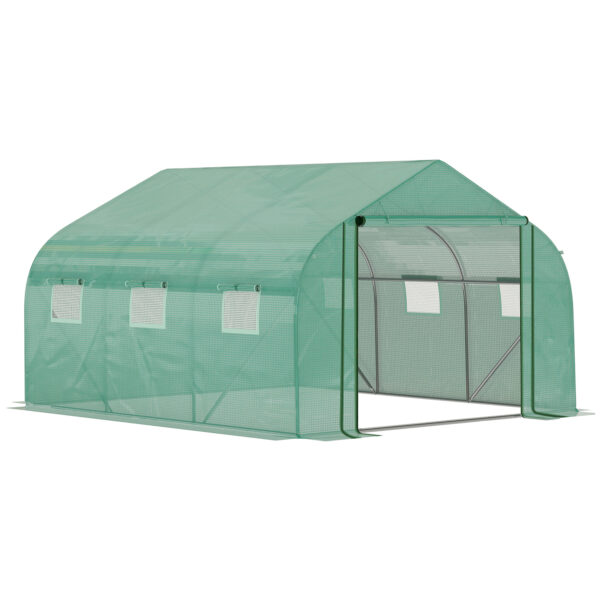 Outsunny 3.5 x 3 x 2m Walk-in Greenhouse with PE Cover, Roll-Up Door and 6 Windows, Portable Outdoor Plant Shelter,Green Aosom UK