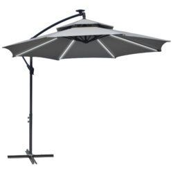 Outsunny 3m Cantilever Banana Parasol Hanging Umbrella with Double Roof, LED lights, Crank, 8 Ribs and Cross Base for Garden, Patio, Light Grey