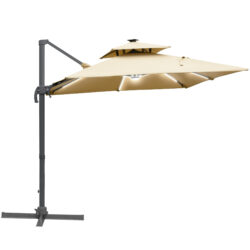 Outsunny 3m Cantilever Roma Parasol Adjustable Garden Sun Umbrella with Solar LED, Tilt and Crank Handle, Cross Base for Lawn, Khaki