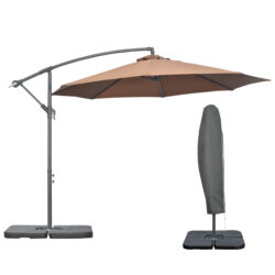 Outsunny 3(m) Garden Banana Parasol Cantilever Umbrella with Crank Handle, Cross Base, Weights and Cover, Hanging Sun Shade, Coffee Aosom UK