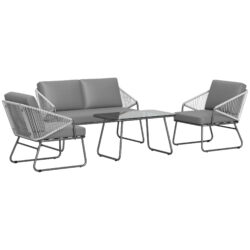 Outsunny 4 Piece Rattan Garden Furniture Set, Wicker Patio Outdoor Furniture Set with Loveseat, Glass Top Coffee Table for Patio, Balcony, Grey