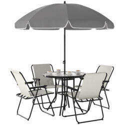 Outsunny 4 Seater Garden Furniture Set, Outdoor Garden Dining Set with Folding Chairs and Round Glass Top Table for Patio, Cream White