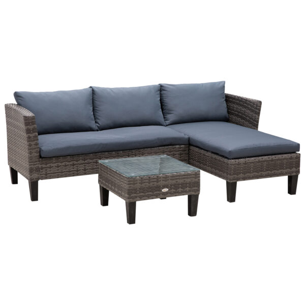 Outsunny 4-Seater Garden Sofa PE Rattan Set w/ 2 Seats Square Glass Top Coffee Table Thick Cushions Solid Legs Patio L Corner Shape, Grey Aosom UK