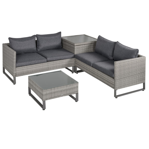 Outsunny 4-Seater PE Rattan Sofa Set Wicker Garden Furniture Outdoor Conservatory Furniture Coffee Table w/ Side Storage Box & Cushion, Grey