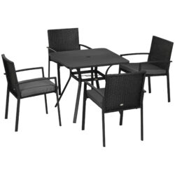 Outsunny 4 Seater Rattan Garden Furniture Set 5 Pieces Outdoor Dining Set with Cushions, Umbrella Hole - Black