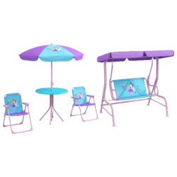 Outsunny 4PCs Kids Garden Furniture Set w/ 2 Seater Garden Swing Chair w/ Adjustable Canopy, Table and Chair Set w/ Parasol, for Toddler
