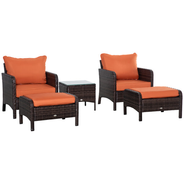 Outsunny 5 Pcs PE Rattan Garden Furniture Set, 2 Armchairs 2 Stools Glass Top Table Cushions Wicker Weave Chairs Outdoor Seating, Brown