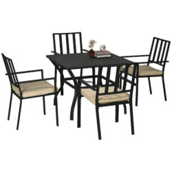 Outsunny 5-Piece Outdoor Dining Set with Cushions, Metal Table & 4 Stackable Chairs, Umbrella Hole, Black Aosom UK