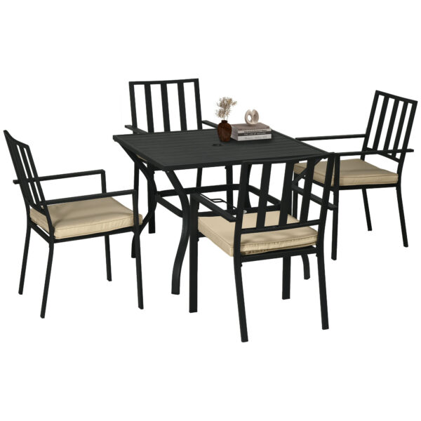 Outsunny 5-Piece Outdoor Dining Set with Cushions, Metal Table & 4 Stackable Chairs, Umbrella Hole, Black Aosom UK