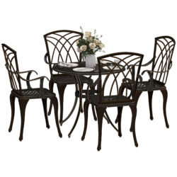Outsunny 5 Pieces Garden Dining Set for 4, Cast Aluminium Outdoor Dining Set with 4 Armchairs and Round Dining Table with Parasol Hole, Bronze Tone