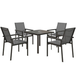 Outsunny 5 Pieces Garden Dining Set with Glass Top Dining Table, Outdoor Umbrella Hole Table and 4 Armchairs w/ Breathable Mesh Fabric Seats