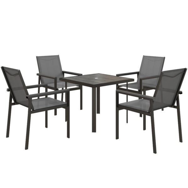 Outsunny 5 Pieces Garden Dining Set with Glass Top Dining Table, Outdoor Umbrella Hole Table and 4 Armchairs w/ Breathable Mesh Fabric Seats