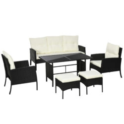 Outsunny 5 Seater Rattan Garden Furniture Set Wicker Sofa Armchairs Footstools and Glass Table Patio Rattan Sofa Sets with Cushions, Black Aosom UK