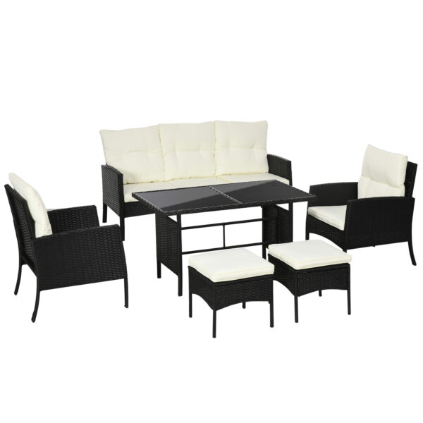 Outsunny 5 Seater Rattan Garden Furniture Set Wicker Sofa Armchairs Footstools and Glass Table Patio Rattan Sofa Sets with Cushions, Black Aosom UK