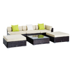 Outsunny 5-Seater Rattan Sofa Coffee Table Set Sectional Wicker Weave Furniture for Garden Outdoor Conservatory w/ Pillow Cushion Brown Aosom UK