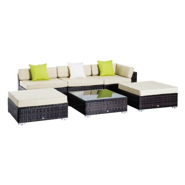 Outsunny 5-Seater Rattan Sofa Coffee Table Set Sectional Wicker Weave Furniture for Garden Outdoor Conservatory w/ Pillow Cushion Brown Aosom UK