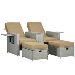 Outsunny 5PC PE Rattan Sun Lounger, Outdoor Wicker 5-level Adjustable Recliner Sofa Bed with Storage Side Table Footstools, for Patio, Garden, Beige