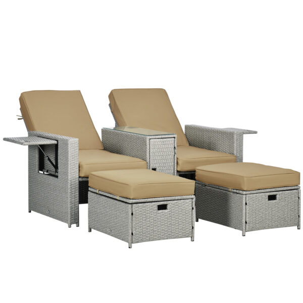 Outsunny 5PC PE Rattan Sun Lounger, Outdoor Wicker 5-level Adjustable Recliner Sofa Bed with Storage Side Table Footstools, for Patio, Garden, Beige