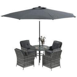Outsunny 6 Pieces Garden Dining Set, 4 Seater Rattan Dining Set Outdoor with Umbrella, Cushions, Tempered Glass Top Table Aosom UK