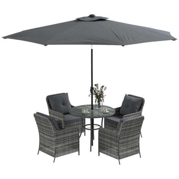 Outsunny 6 Pieces Garden Dining Set, 4 Seater Rattan Dining Set Outdoor with Umbrella, Cushions, Tempered Glass Top Table Aosom UK