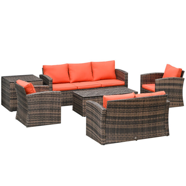 Outsunny 6 Pieces Rattan Garden Furniture Set, 7 Seater Wicker Outdoor Furniture Set with Storage Tea Table, Side Table, Cushions, Orange