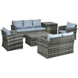 Outsunny 6 Pieces Rattan Garden Furniture Set, 7 Seater Wicker Outdoor Furniture Set with Storage Tea Table & Side Table, Grey