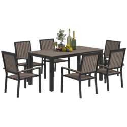 Outsunny 6 Seater Garden Dining Set with Stackable Chairs, Rectangular Plastic Top, Outdoor Dining Table and Chairs for Patio, Balcony, Brown