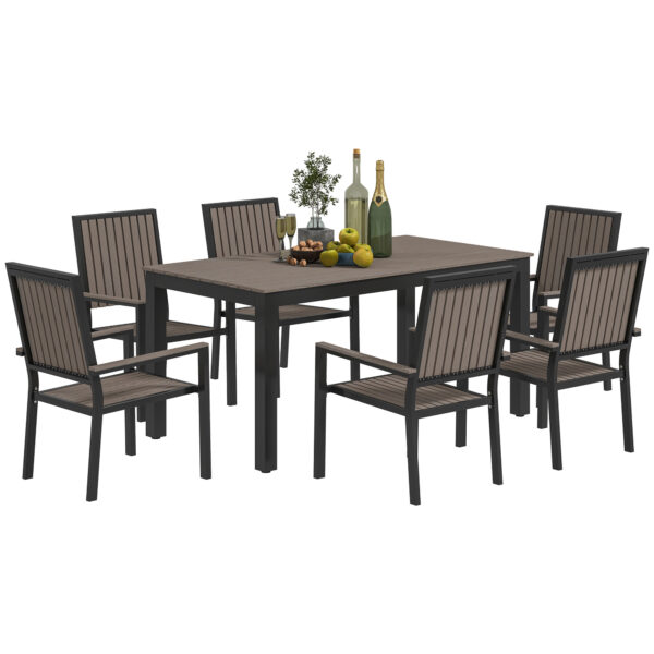 Outsunny 6 Seater Garden Dining Set with Stackable Chairs, Rectangular Plastic Top, Outdoor Dining Table and Chairs for Patio, Balcony, Brown
