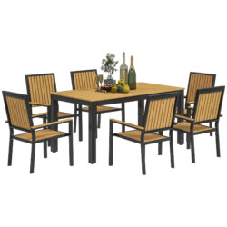 Outsunny 6 Seater Garden Dining Set with Stackable Chairs, Rectangular Top, Outdoor Dining Table and Chairs for Patio, Balcony, Nature Wood