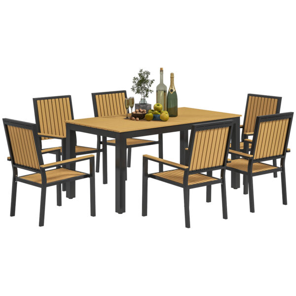 Outsunny 6 Seater Garden Dining Set with Stackable Chairs, Rectangular Top, Outdoor Dining Table and Chairs for Patio, Balcony, Nature Wood