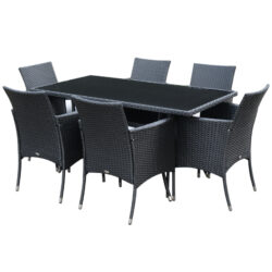 Outsunny 6-Seater Rattan Dining Set Garden Furniture Patio Rectangular Table Cube Chairs Outdoor Fire Retardant Sponge Black Aosom UK