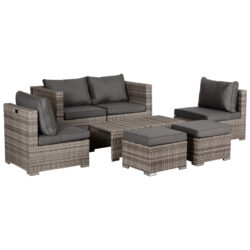 Outsunny 6-Seater Rattan Garden Furniture 6 Seater Sofa & Coffee Table Set Outdoor Patio Furniture Wicker Weave Chair Space-saving Compact, Grey