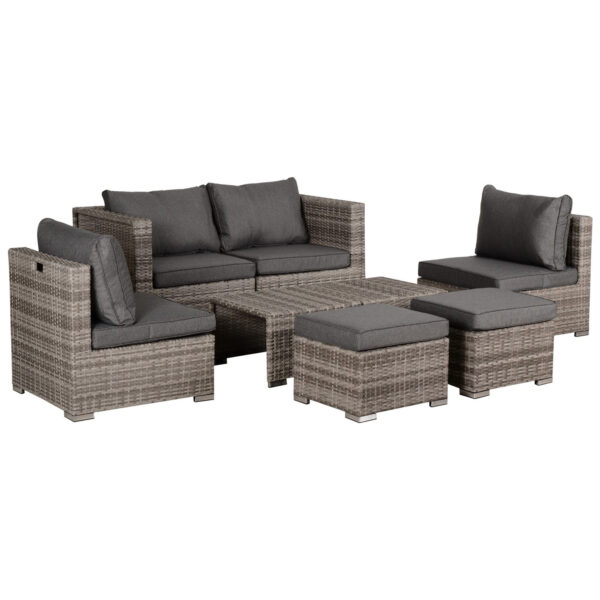 Outsunny 6-Seater Rattan Garden Furniture 6 Seater Sofa & Coffee Table Set Outdoor Patio Furniture Wicker Weave Chair Space-saving Compact, Grey