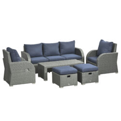 Outsunny 6pc Outdoor Rattan Wicker Furniture Set with 3-Seat Sofa, 2 Single Sofas, 2 Footstools and Coffee Table