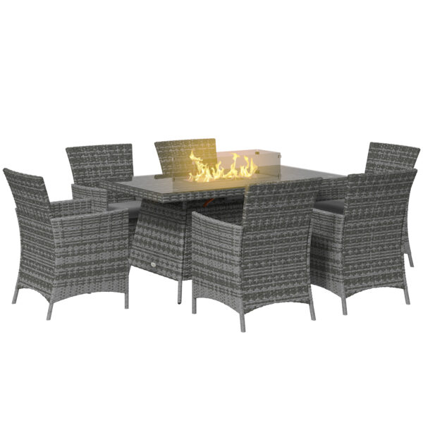 Outsunny 7 Pcs PE Rattan Dining Sets w/ Fire Pit Table, Garden Dining Set w/ Heater Table, Armchairs w/ Cushions, Glass Windscreen, 50,000 BTU, Grey