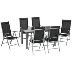 Outsunny 7 Piece Garden Dining Set, Outdoor Table & 6 Folding & Reclining Chairs, Aluminium Frame, Tempered Glass Top Table Texteline Seats Aosom UK