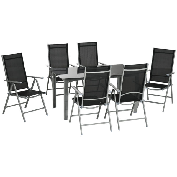 Outsunny 7 Piece Garden Dining Set, Outdoor Table & 6 Folding & Reclining Chairs, Aluminium Frame, Tempered Glass Top Table Texteline Seats Aosom UK