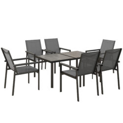 Outsunny 7 Pieces Garden Dining Set w/ Glass Top Dining Table, Outdoor Table and 6 Armchairs w/ Breathable Mesh Fabric Seats and Backrest