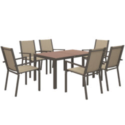 Outsunny 7 Pieces Garden Dining Set with Wood-plastic Composite Dining Table, Outdoor Table and 6 Stackable Armchairs with Texteline Seat