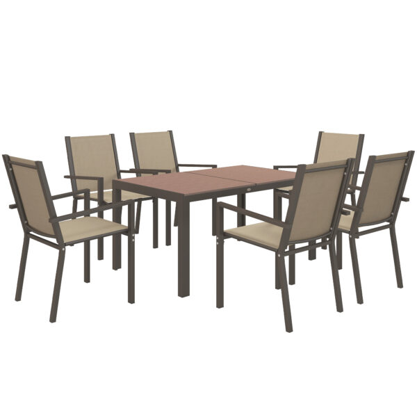 Outsunny 7 Pieces Garden Dining Set with Wood-plastic Composite Dining Table, Outdoor Table and 6 Stackable Armchairs with Texteline Seat