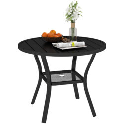 Outsunny 90 cm Garden Dining Table with 4-5 cm Parasol Hole, Round Outdoor Dining Table with Slatted Metal Top for Balcony, Porch, Black
