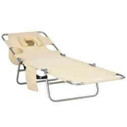 Outsunny Beach Chaise Lounge with Reading Hole, Foldable, Arm Slots, 5-Position Backrest, Side Pocket, Pillow, Beige Aosom UK